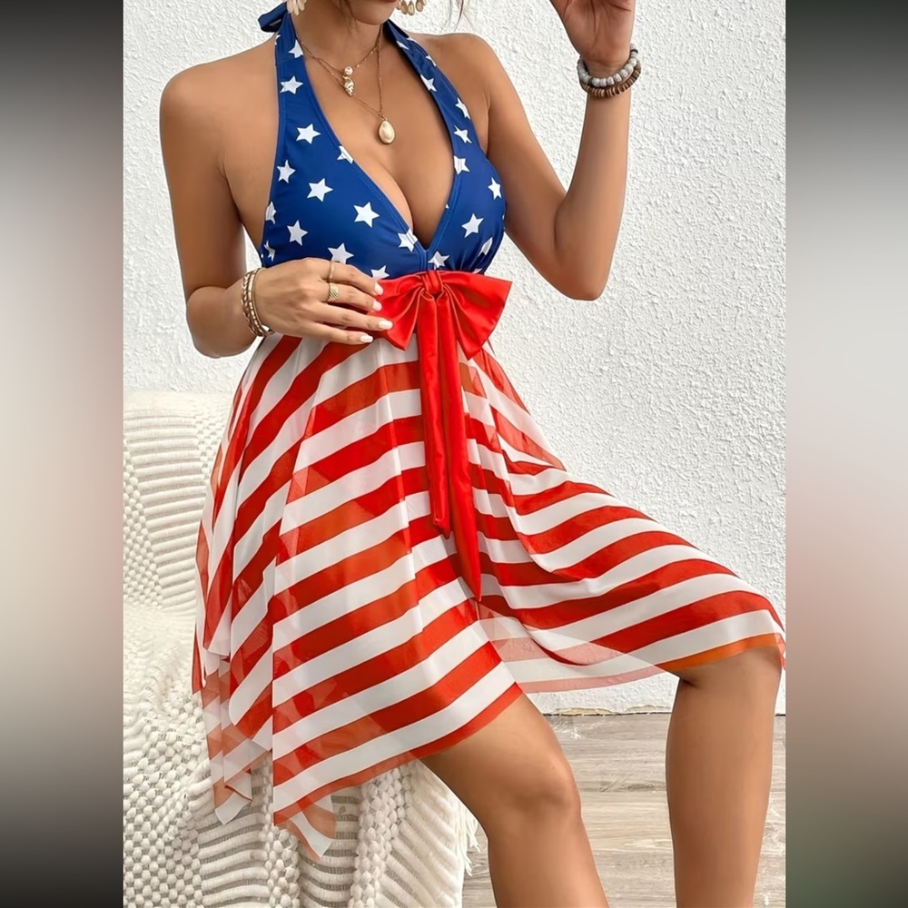 1 LEFT!! 🇺🇸 Patriotic 2-Piece Halter Swimsuit | American Flag Stars & Stripes